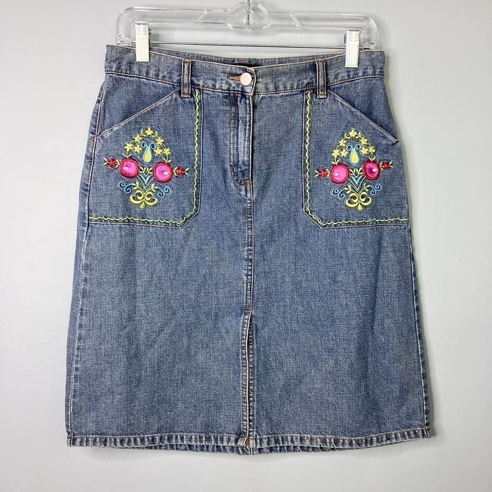 Vintage Moda International Bohemian Floral Embroidered Denim Skirt Womens Size 6